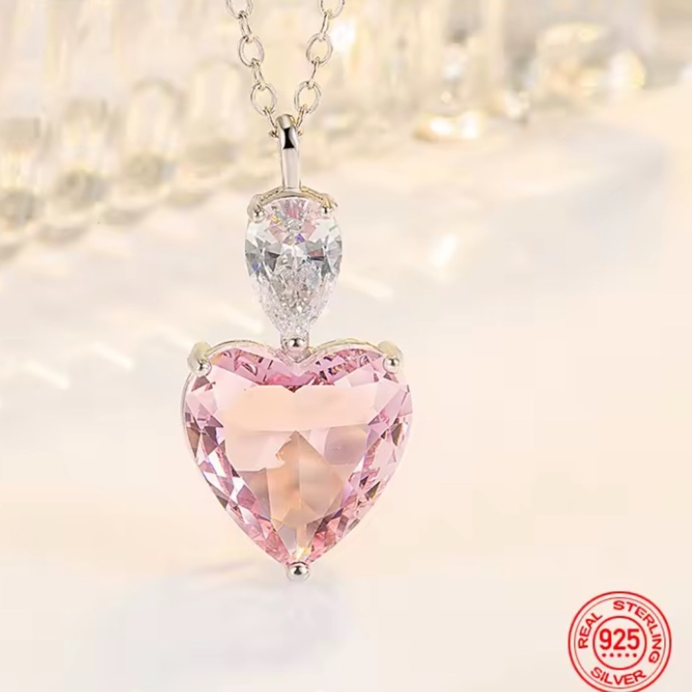 Sterling Silver Pink Sapphire Heart Pendant Necklace 18@